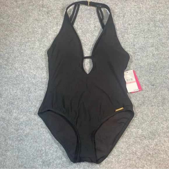 NWT Vince Camuto Plunge Neck Halter Open Back One-Piece Swimsuit Size 10 Black - Picture 3 of 12